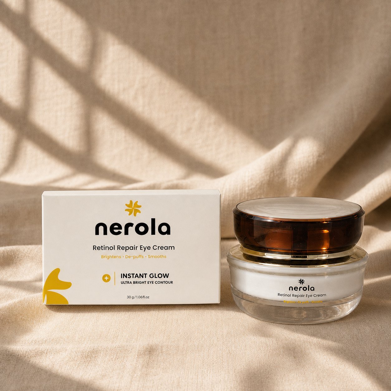 nerola Tiegel, Karton, Applikator und Orangenblüte auf Leinen