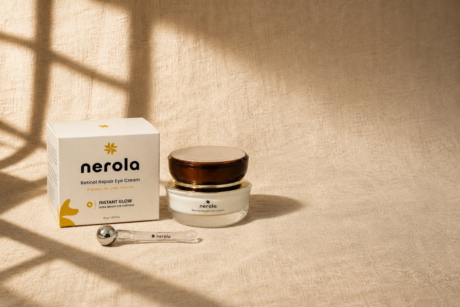 nerola Retinol Repair Eye Cream, Tiegel und Karton auf Leinen